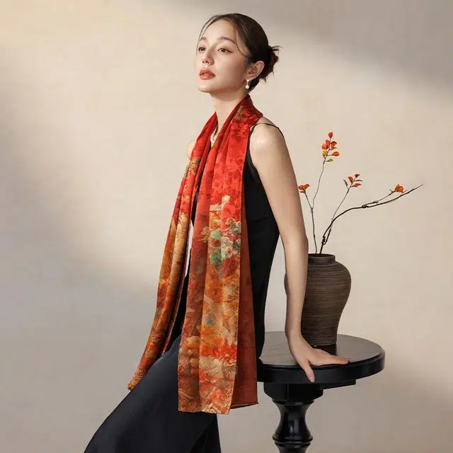 上海故事 【专柜同款】凤凰涅槃香云纱真丝长巾礼盒装 披肩 女款