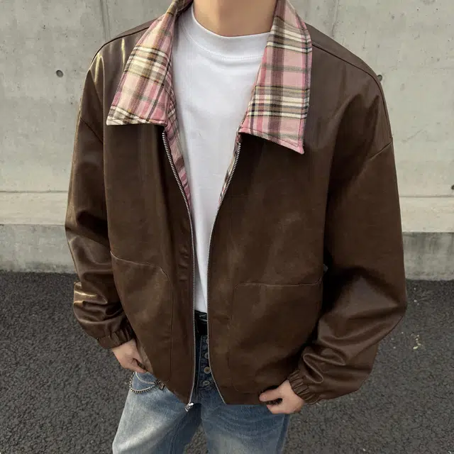 稻草人 防风防水格子条纹宽松休闲翻领户外百搭夹克外套 男女同款 棕色