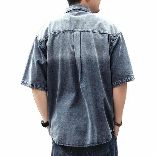 格蓝鹿 宽松休闲欧美简约尖领短袖衬衫 男款 浅蓝
