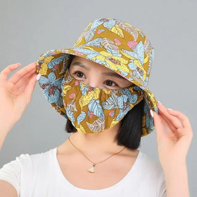 啄木鸟 防晒口罩一体盆帽民族风采茶帽子女户外大檐遮阳 四季通用 涤纶 渔夫帽 女款