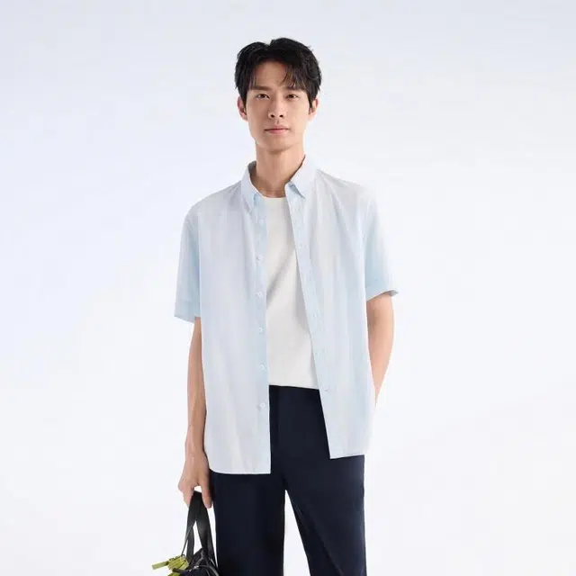 九牧王男裤专家 舒适棉感时尚休闲短袖衬衫 男款 浅蓝
