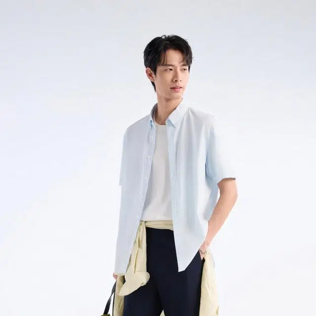 九牧王男裤专家 舒适棉感时尚休闲短袖衬衫 男款 浅蓝