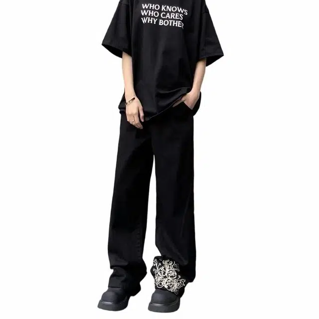 极限涡轮 美式刺绣裤脚廓形宽松休闲直筒牛仔裤 男女同款 黑色