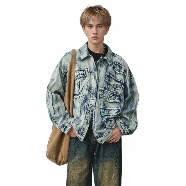 人本 纯色单排扣翻领长袖牛仔外套 男女同款 蓝色