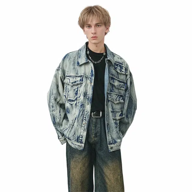 人本 纯色单排扣翻领长袖牛仔外套 男女同款 蓝色
