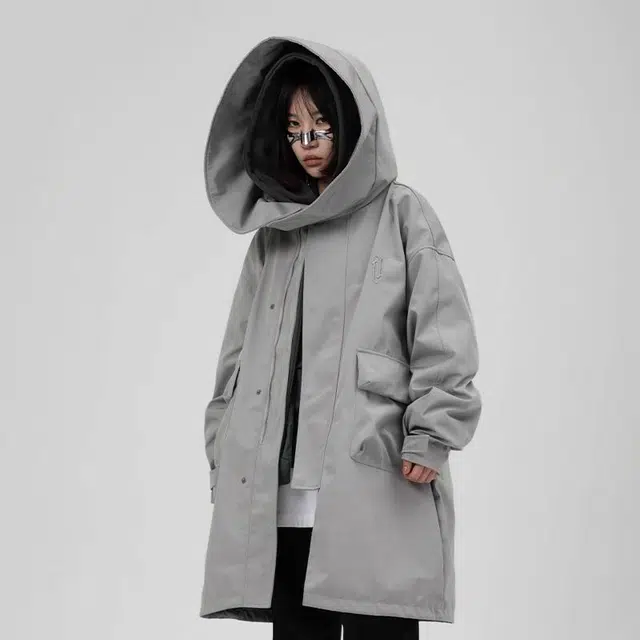 吉业重工 城市机能 纯色基础假两件立领连帽中长款风衣 户外防风夹克 男款