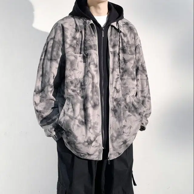 美力城 宽松复古假两件泼墨休闲百搭长袖夹克外套 男女同款