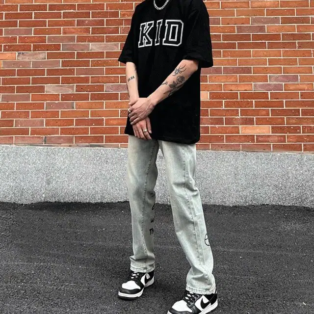 极限涡轮 美式做旧复古字母印花直筒高街牛仔裤 男女同款 黄泥色