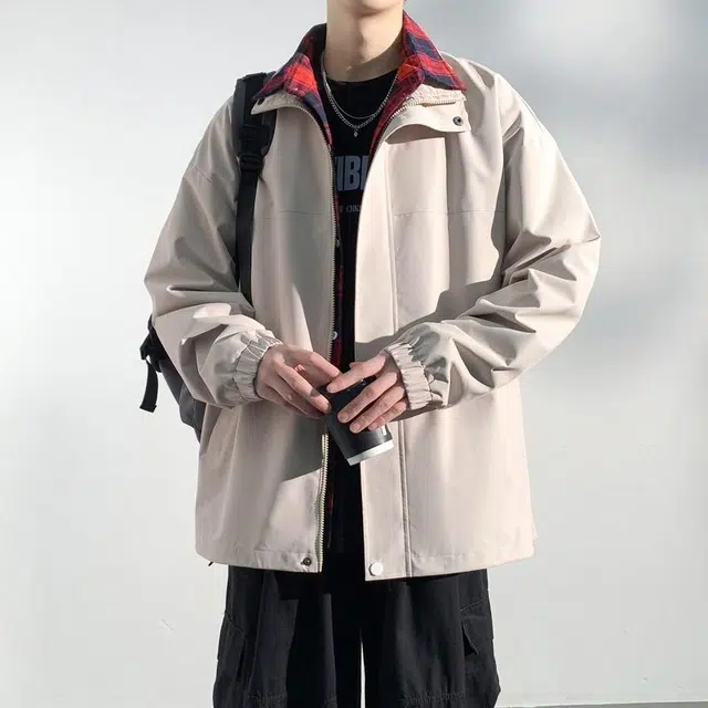 美力城 假两件美式复古格子简约纯色经典基础款街头痞帅宽松百搭休闲夹克外套 男女同款