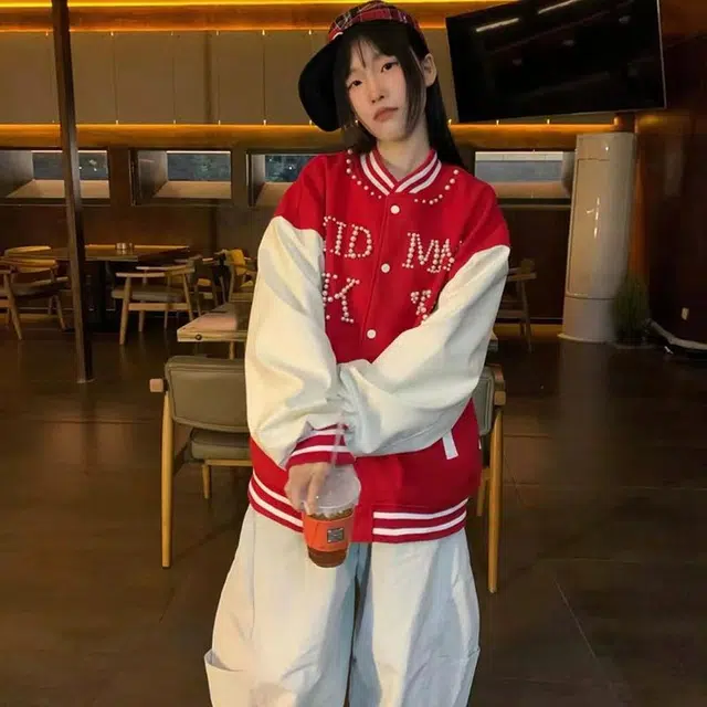 物质公式 嘻哈经典标语珍珠设计感钉珠刺绣美式潮牌国潮运动时尚个性宽松休闲重工夹克外套 男女同款