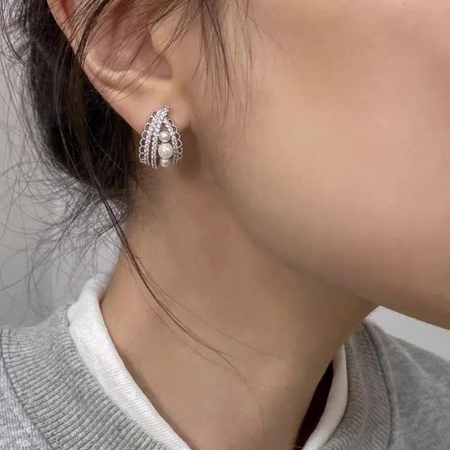韵系 绝美精致蕾丝镶钻珍珠 铜镀金 耳环 女款