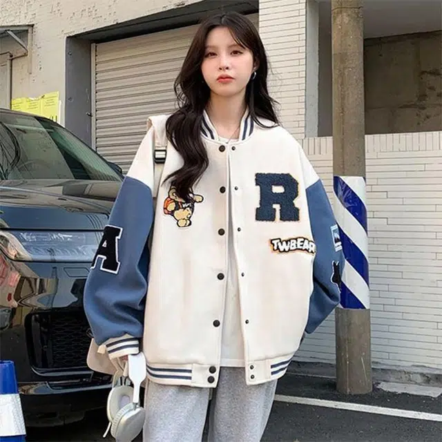 物质公式 潮牌字母刺绣撞色拼接美式高街复古痞帅时尚潮流舒适百搭宽松休闲棒球领落肩垂感直筒开衫夹克外套 男女同款