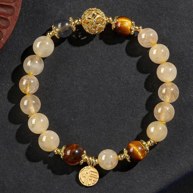 品彩 招财小霸王  八方来财 福牌好运新中式 百搭个性时尚精致 金发晶 手串 男女同款情侣款