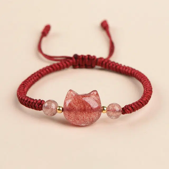 谧月珠宝 新中式国潮猫咪平安福气精致优雅可爱大气暗黑甜酷风全手工编织绳礼物百搭好运 草莓晶 手绳 男女同款情侣款