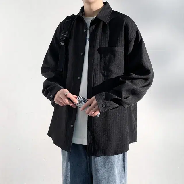 雅鹿 美式高街纯色翻领单排扣宽松百搭简约夹克外套 男女同款 黑色