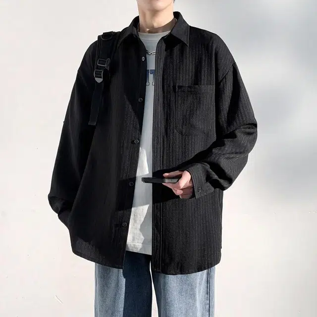 雅鹿 美式高街纯色翻领单排扣宽松百搭简约夹克外套 男女同款 黑色