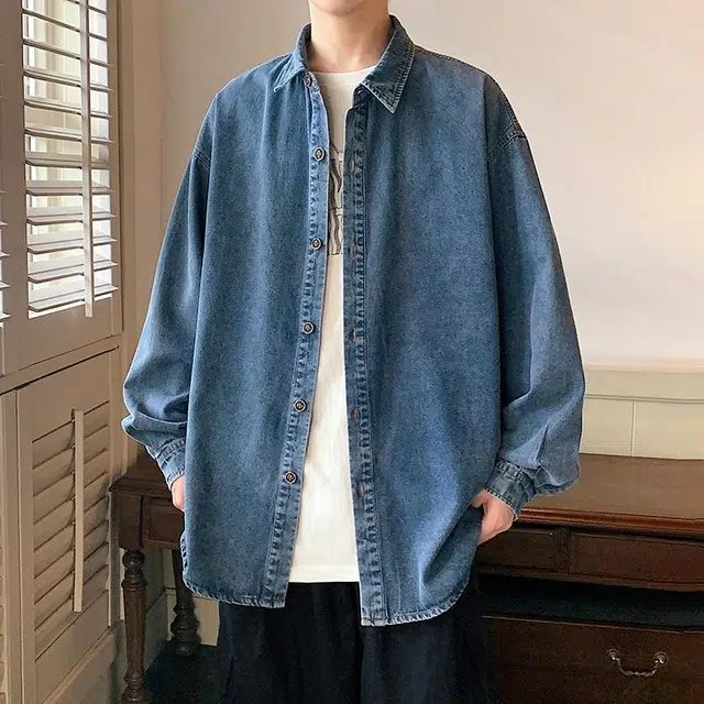 雅鹿 纯色基础水洗做旧休闲百搭时尚翻领落肩长袖牛仔夹克外套 男女同款 蓝色