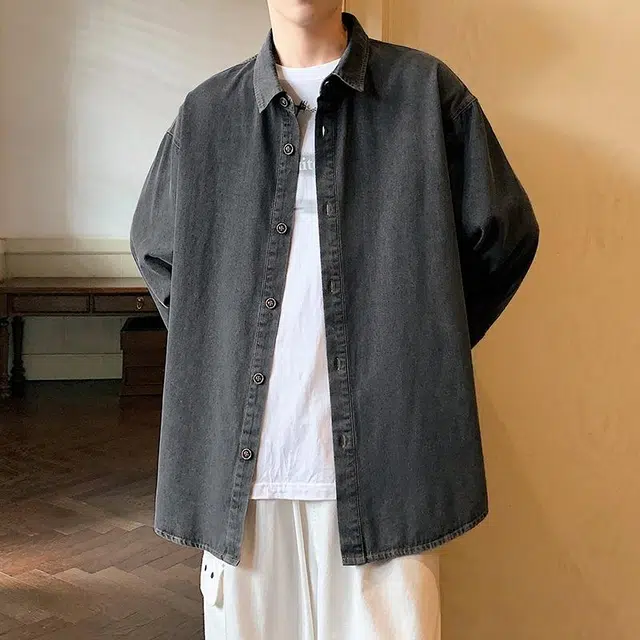 雅鹿 纯色基础水洗做旧休闲百搭时尚翻领落肩长袖牛仔夹克外套 男女同款 蓝色