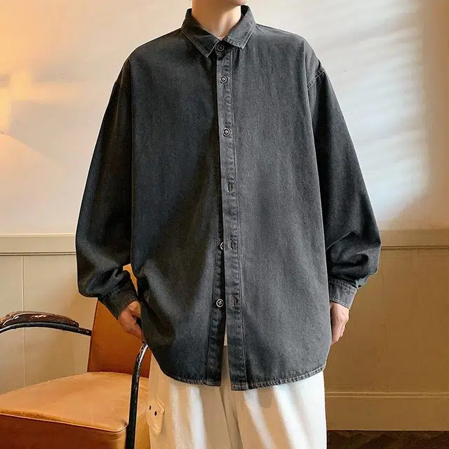 雅鹿 纯色基础水洗做旧休闲百搭时尚翻领落肩长袖牛仔夹克外套 男女同款 蓝色