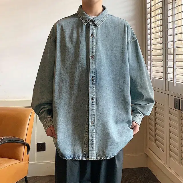 雅鹿 纯色基础水洗做旧休闲百搭时尚翻领落肩长袖牛仔夹克外套 男女同款 蓝色
