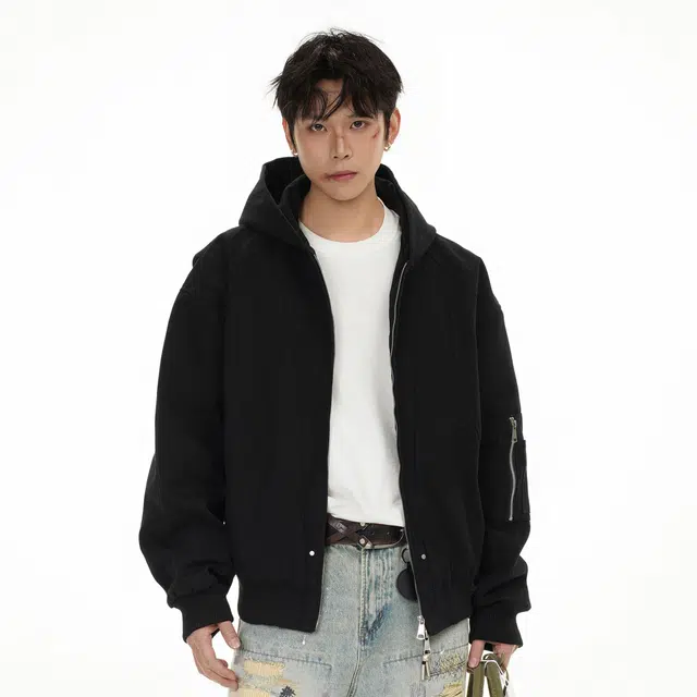 雅鹿 美式街头纯色基础款条纹设计宽松都市通勤开衫连帽长袖夹克外套 男女同款 黑色