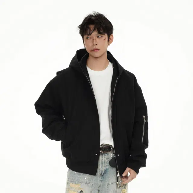 雅鹿 美式街头纯色基础款条纹设计宽松都市通勤开衫连帽长袖夹克外套 男女同款 黑色