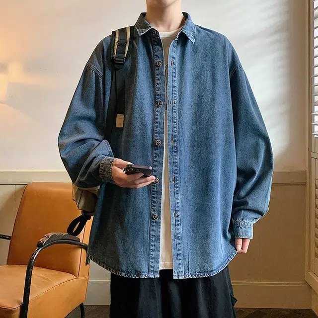 雅鹿 纯色基础水洗做旧休闲百搭时尚翻领落肩长袖牛仔夹克外套 男女同款 蓝色