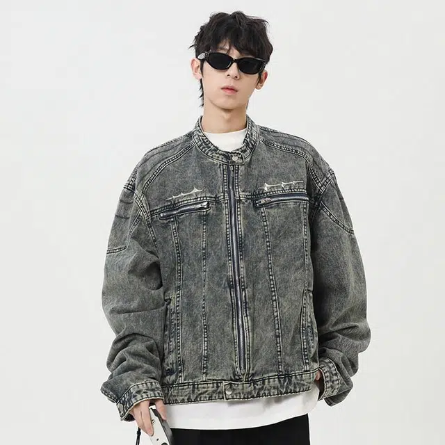 佐菲利 美式复古重工水洗做旧穿搭高街痞帅短款金属装饰设计感牛仔外套 男女同款