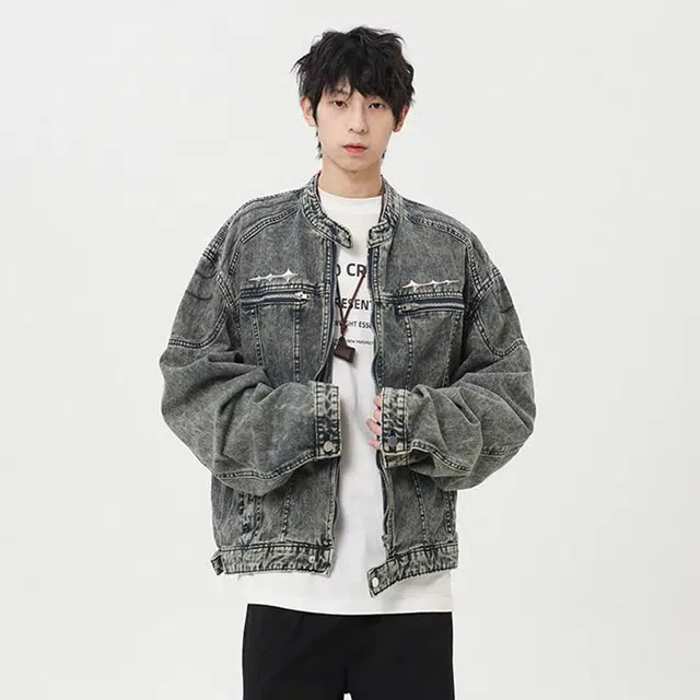 佐菲利 美式复古重工水洗做旧穿搭高街痞帅短款金属装饰设计感牛仔外套 男女同款