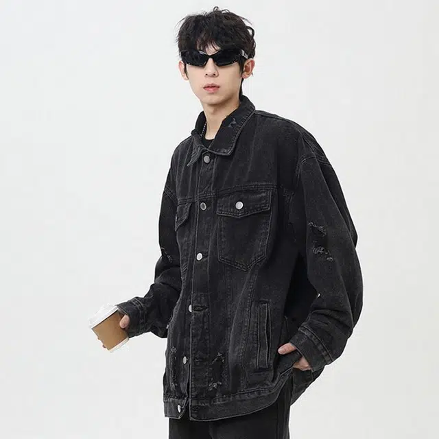 佐菲利 美式重工水洗做旧复古做旧破洞高街翻领工装牛仔外套 男女同款