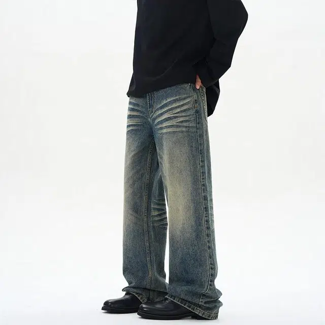 佐菲利 美式高街水洗做旧宽松直筒牛仔裤 男女同款 复古蓝