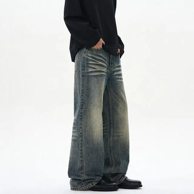 佐菲利 美式高街水洗做旧宽松直筒牛仔裤 男女同款 复古蓝