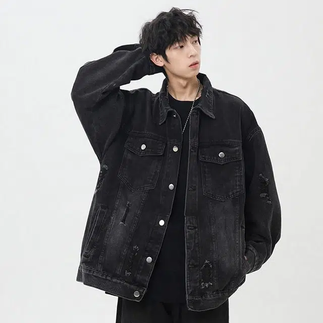 佐菲利 美式重工水洗做旧复古做旧破洞高街翻领工装牛仔外套 男女同款