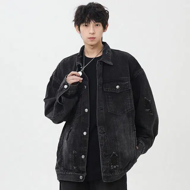 佐菲利 美式重工水洗做旧复古做旧破洞高街翻领工装牛仔外套 男女同款