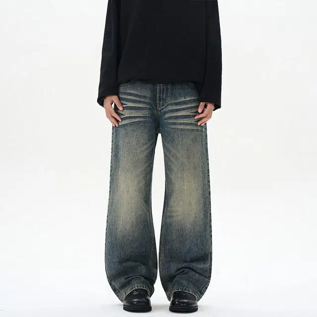 佐菲利 美式高街水洗做旧宽松直筒牛仔裤 男女同款 复古蓝