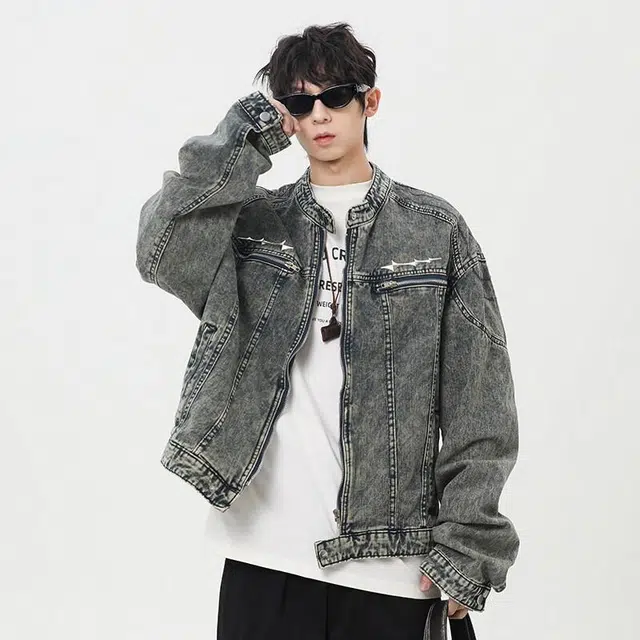 佐菲利 美式复古重工水洗做旧穿搭高街痞帅短款金属装饰设计感牛仔外套 男女同款