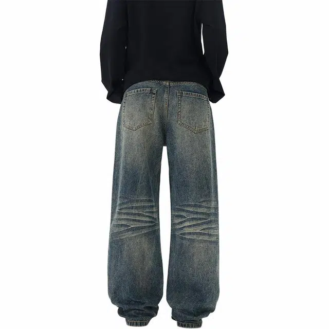 佐菲利 美式高街水洗做旧宽松直筒牛仔裤 男女同款 复古蓝