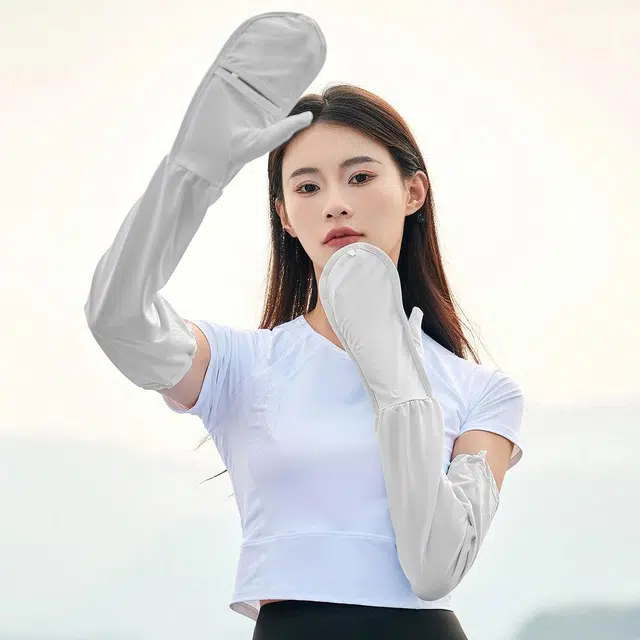 上海故事 袖套 夏季户外开车骑行遮阳翻盖手套冰感透气遮阳护臂套袖冰感 聚酯纤维 氨纶 防晒袖 女款