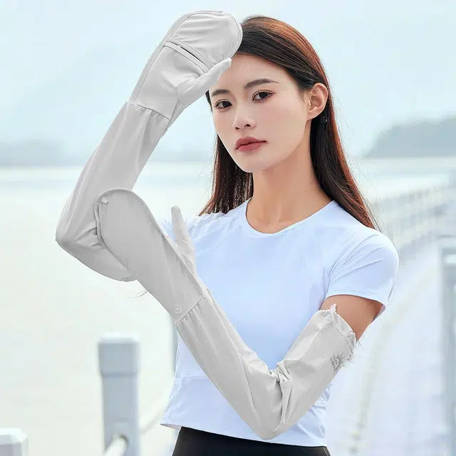上海故事 袖套 夏季户外开车骑行遮阳翻盖手套冰感透气遮阳护臂套袖冰感 聚酯纤维 氨纶 防晒袖 女款