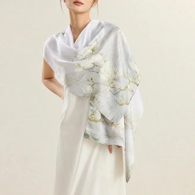 上海故事 一路生花提花时尚百搭真丝桑蚕丝礼盒装 披肩 女款