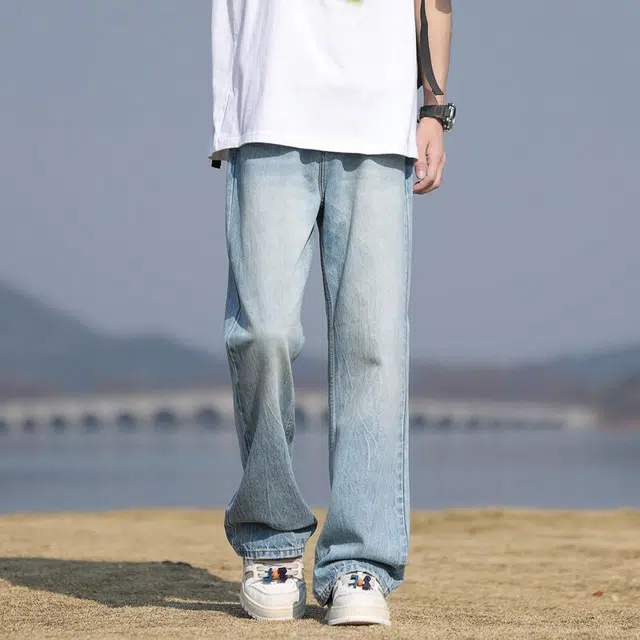 【dme】 水洗纯色百搭日常直筒宽松微喇牛仔裤 男女同款 冰川蓝色