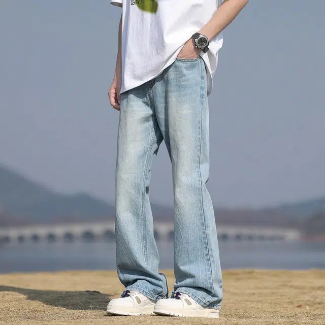 【dme】 水洗纯色百搭日常直筒宽松微喇牛仔裤 男女同款 冰川蓝色