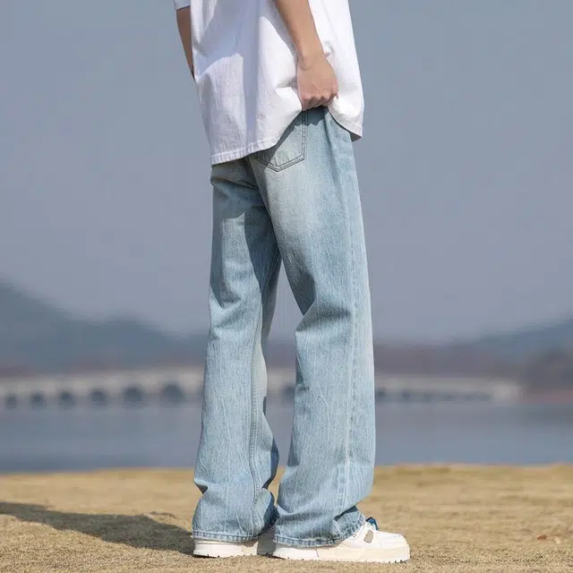 【dme】 水洗纯色百搭日常直筒宽松微喇牛仔裤 男女同款 冰川蓝色