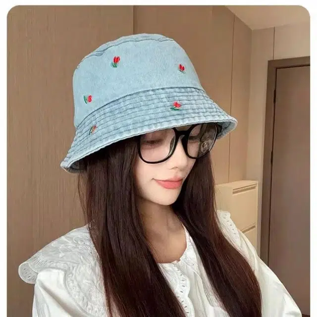 优莲茵 韩版百搭时尚带刺绣樱桃图案宽檐遮阳盆帽 春夏防晒 大头围显脸小牛仔 聚酯纤维 渔夫帽 女款
