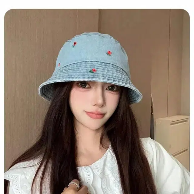 优莲茵 韩版百搭时尚带刺绣樱桃图案宽檐遮阳盆帽 春夏防晒 大头围显脸小牛仔 聚酯纤维 渔夫帽 女款