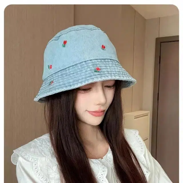 优莲茵 韩版百搭时尚带刺绣樱桃图案宽檐遮阳盆帽 春夏防晒 大头围显脸小牛仔 聚酯纤维 渔夫帽 女款