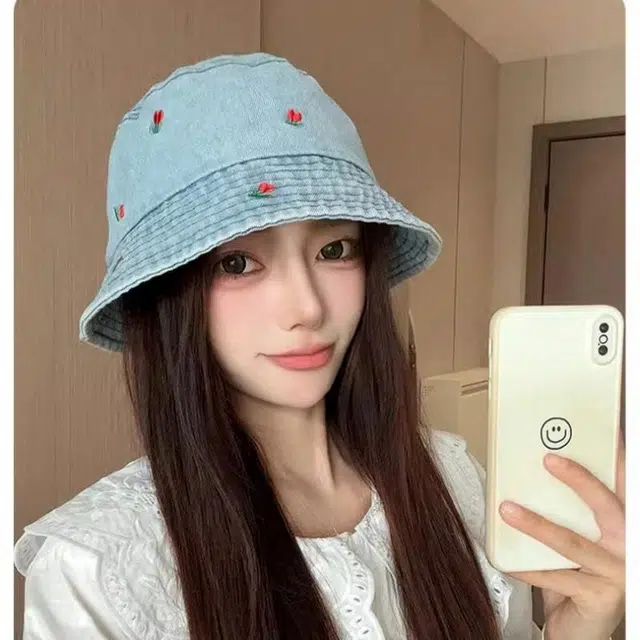 优莲茵 韩版百搭时尚带刺绣樱桃图案宽檐遮阳盆帽 春夏防晒 大头围显脸小牛仔 聚酯纤维 渔夫帽 女款