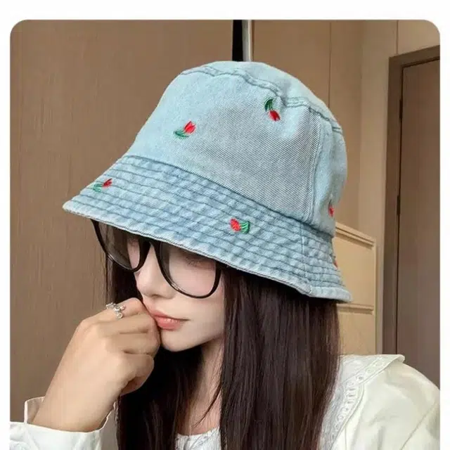 优莲茵 韩版百搭时尚带刺绣樱桃图案宽檐遮阳盆帽 春夏防晒 大头围显脸小牛仔 聚酯纤维 渔夫帽 女款