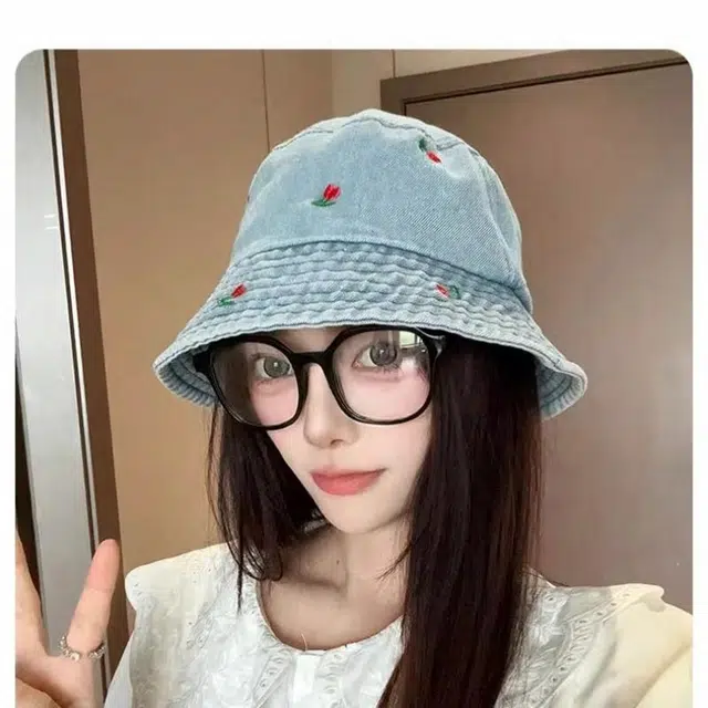 优莲茵 韩版百搭时尚带刺绣樱桃图案宽檐遮阳盆帽 春夏防晒 大头围显脸小牛仔 聚酯纤维 渔夫帽 女款