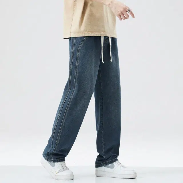 【dme】 美式高街水洗做旧松紧系带时尚百搭宽松垂感直筒休闲舒适阔腿牛仔裤 男女同款